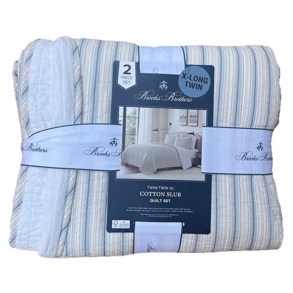 Brooks Brothers Cotton Slub Quilt and Sham Set Twin XL Light Blue White Stripes